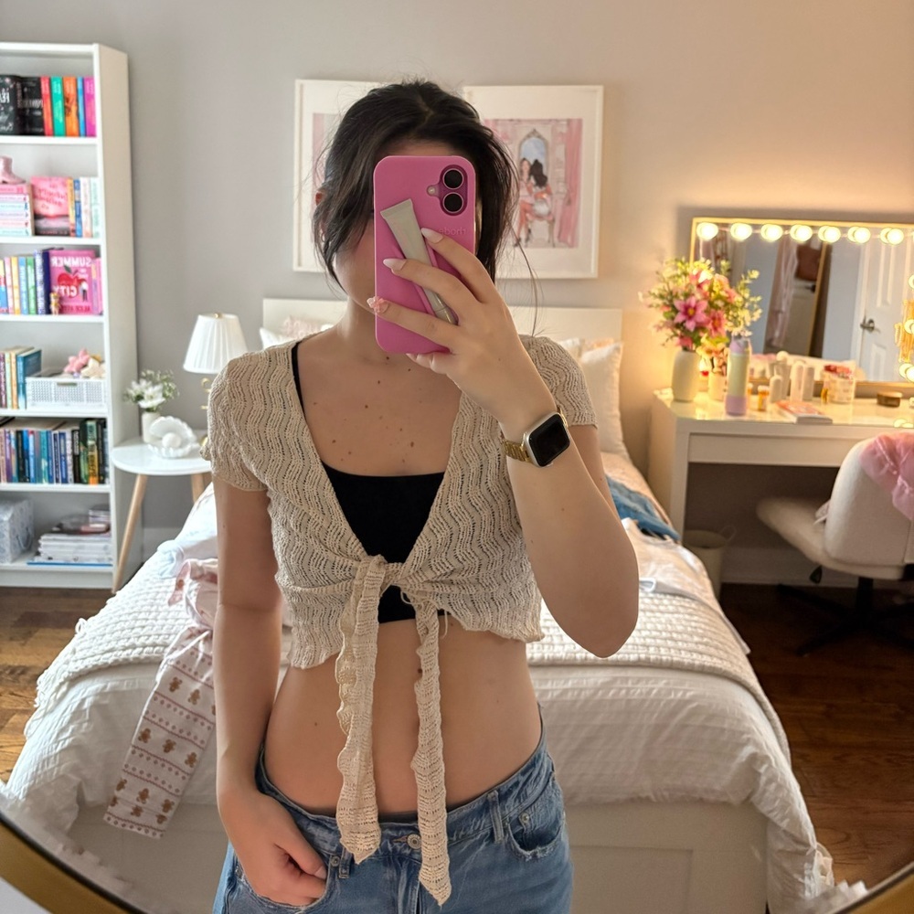 Stradivarius Cream Knit Tie-Front Top